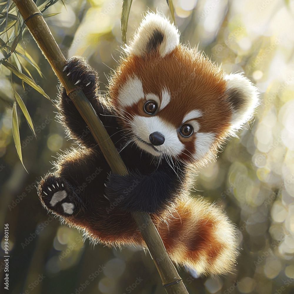Obraz premium A red panda bear gracefully perched on a bamboo branch, its paws gripping a bamboo stalk, amidst a hazy backdrop