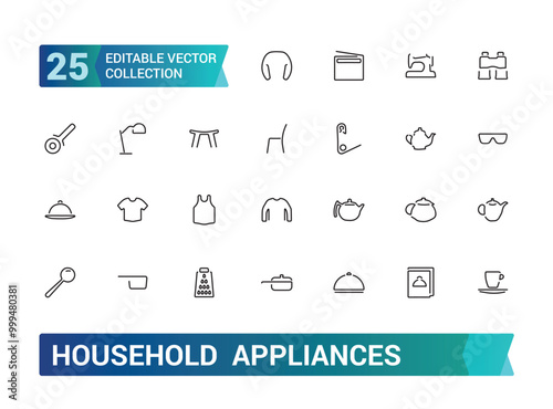 Household appliances icons set. Related to refrigerator, dishwasher, cooker, washing machine, gas stove, kitchen hood and more, Editable stroke.