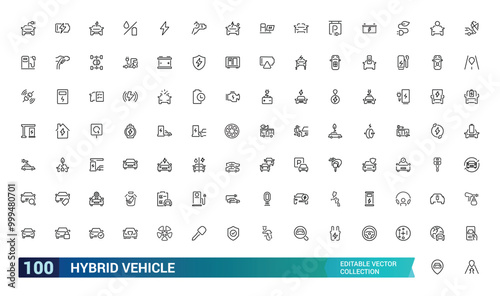 Hybrid Vehicle icons collection, Outline set of hybrid vector icons for web and ui design, Thin line icon pack, Editable stroke. Pixel perfect vector illustration.