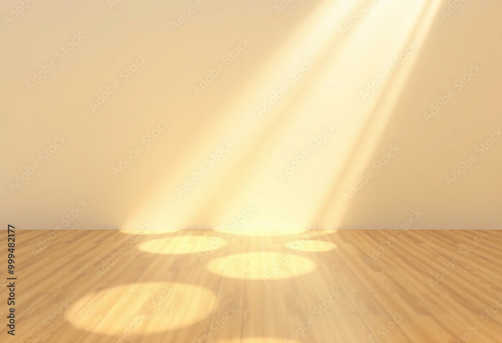 Light beams shine through a window onto a wooden floor, creating circular shadows. Light beams shine through a window onto a wooden floor, creating circular shadows.