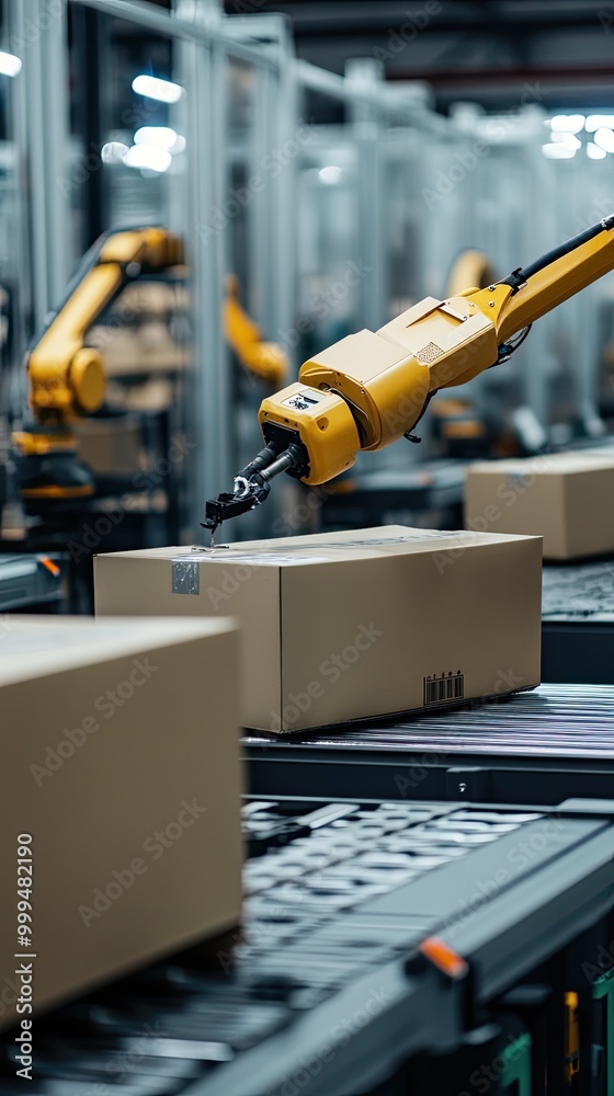 Automated Robotic Arm Handling Cardboard Boxes in a Modern Industrial Warehouse Setting Automated Robotic Arm Handling Cardboard Boxes in a Modern Industrial Warehouse Setting