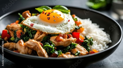 Delicious chicken stir-fry with rice and fried egg, garnished with basil.