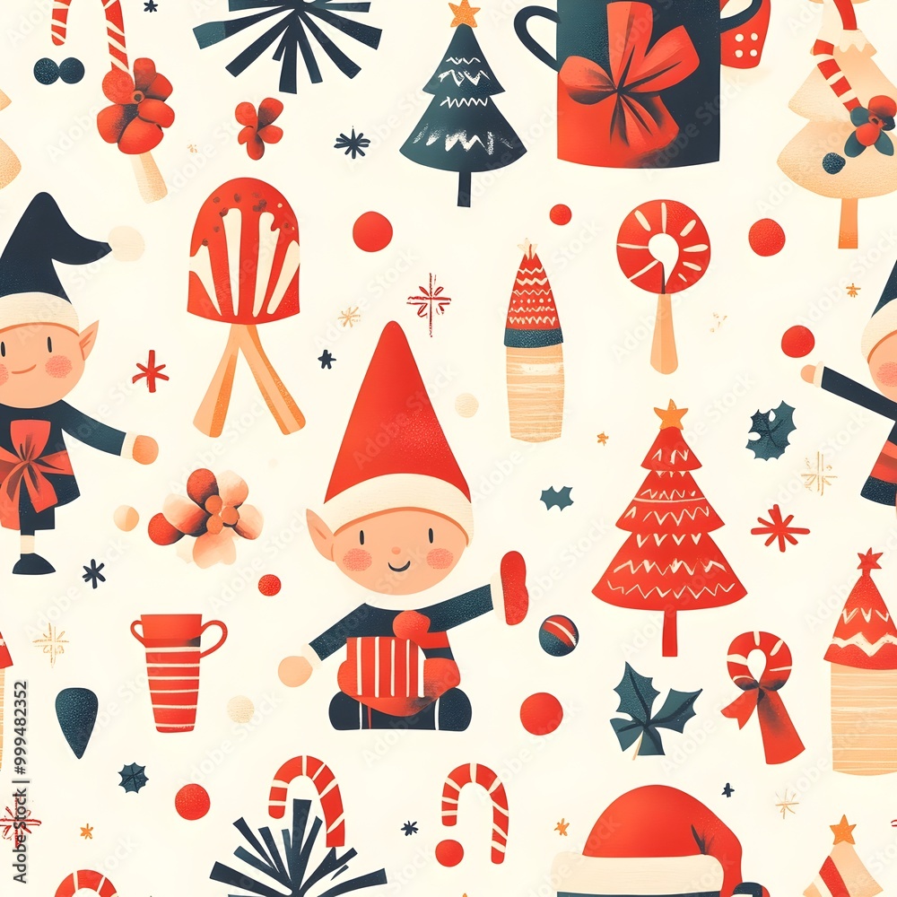 Seamless Pattern Featuring Santa s Workshop with Elves Toys and Candy for Joyful Christmas in Seamless Pattern Featuring Santa s Workshop with Elves Toys and Candy for Joyful Christmas in
