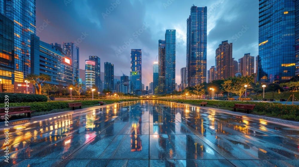 Obraz premium City square and modern high-rise buildings, night view 