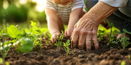 A close-up of a grandparent and grandchild planting a garden focuses on their hands and the soil, with soft outdoor lighting reflecting their bond