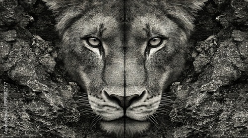  Two photos of a lion's face in black and white