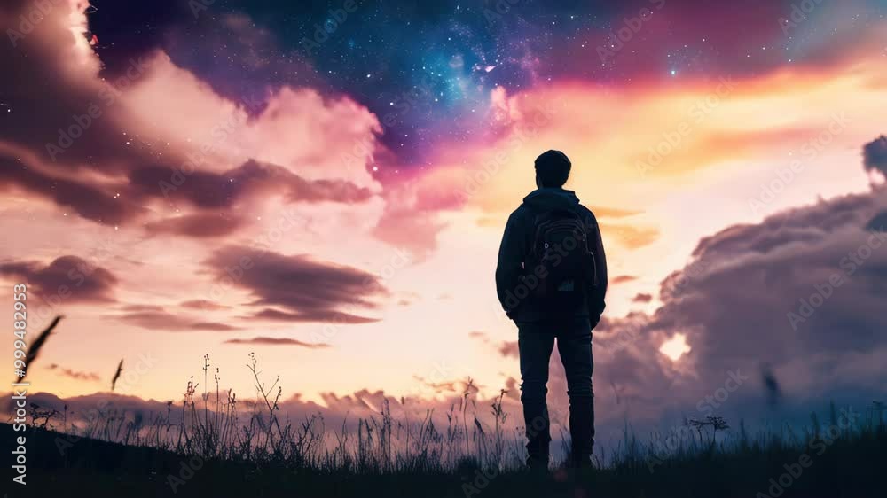 A person stands alone in a serene field, admiring the stunning transition from day to night as vibrant colors fill the sky, creating a captivating atmosphere A person stands alone in a serene field, admiring the stunning transition from day to night as vibrant colors fill the sky, creating a captivating atmosphere