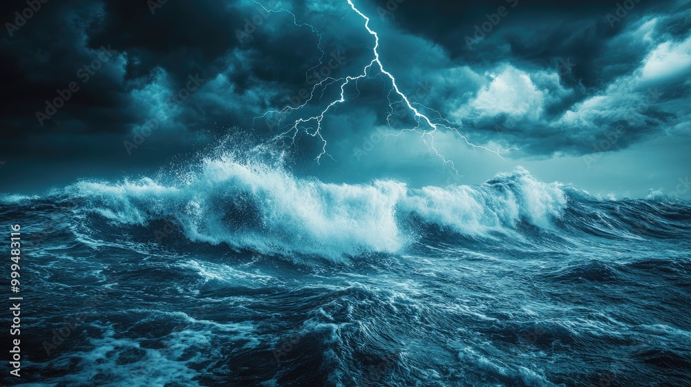 Dramatic Ocean Storm with Lightning Strikes and Turbulent Waves Under Dark Stormy Skies