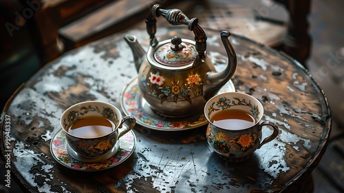 Tea time on a metal tabletop with an antique kettle and cups