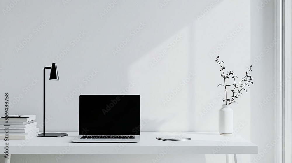 A clean, white workspace featuring a single sleek laptop centered on the desk. The minimalist decor and ample negative space create an open, modern aesthetic, perfect for adding text A clean, white workspace featuring a single sleek laptop centered on the desk. The minimalist decor and ample negative space create an open, modern aesthetic, perfect for adding text