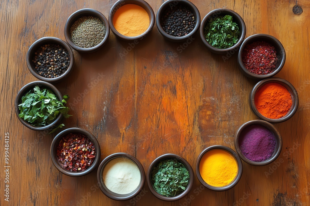 An arrangement of various spices and herbs in small bowls on a wooden background. An arrangement of various spices and herbs in small bowls on a wooden background.