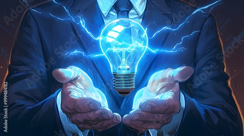 A man in a suit holding a glowing lightbulb with electricity crackling around it. photo