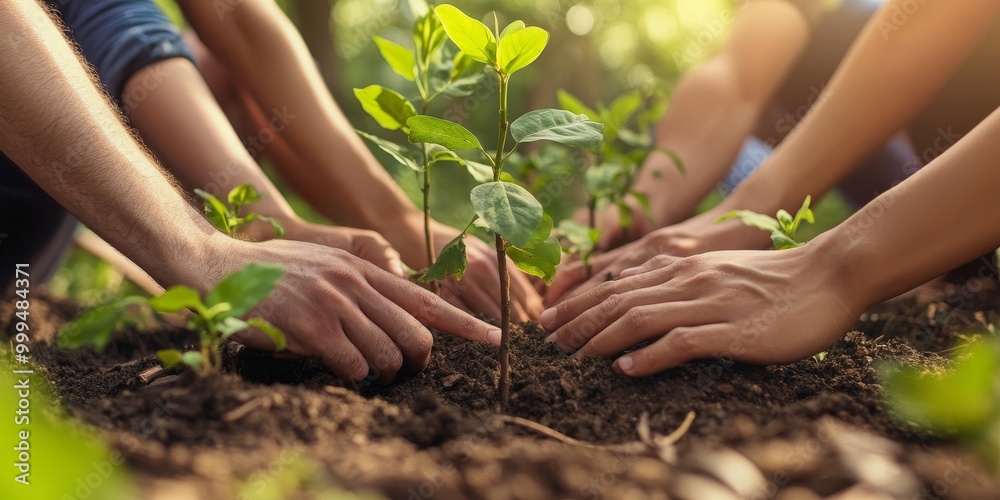 Fototapeta premium A diverse group plants trees together, with a close-up on hands and young saplings, as warm outdoor lighting captures the spirit of community engagement
