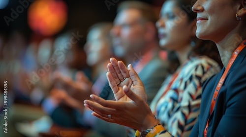 Close up of business people hands clapping at conference 