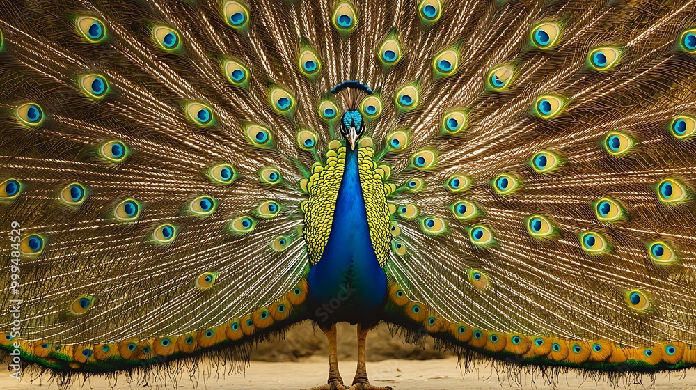 Obraz premium Peacock with Spread Tail Feathers in Display