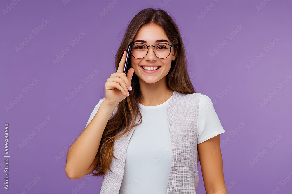 Young happy fun successful employee business woman corporate lawyer wear white t-shirt vest glasses doing phone gesture like says call me back isolated on plain pastel light purple background studio. Young happy fun successful employee business woman corporate lawyer wear white t-shirt vest glasses doing phone gesture like says call me back isolated on plain pastel light purple background studio.