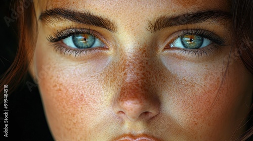 Close-up portrait highlighting striking eyes and freckles.