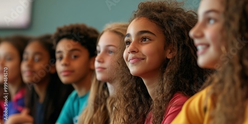 A group of diverse students participates in a classroom debate, with a close-up on varied expressions and animated gestures, as bright lighting emphasizes inclusive educa