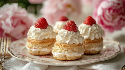  A macro shot of three mini baked goods on a platter surrounded by blooms and a cutlery in front