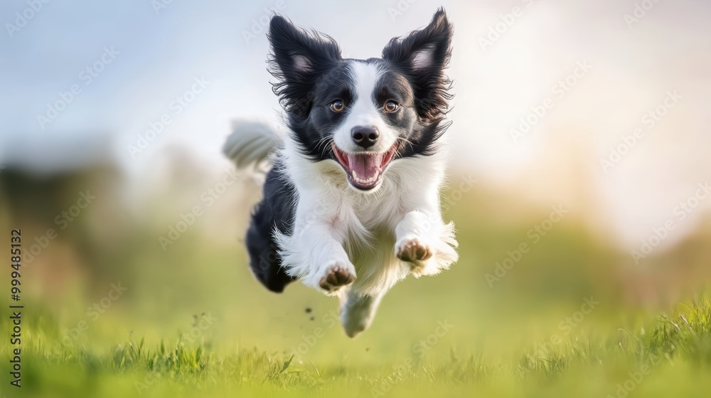 A Border Collie with a happy, focused look, running full speed across a field, its black and white fur a blur of motion. A Border Collie with a happy, focused look, running full speed across a field, its black and white fur a blur of motion.