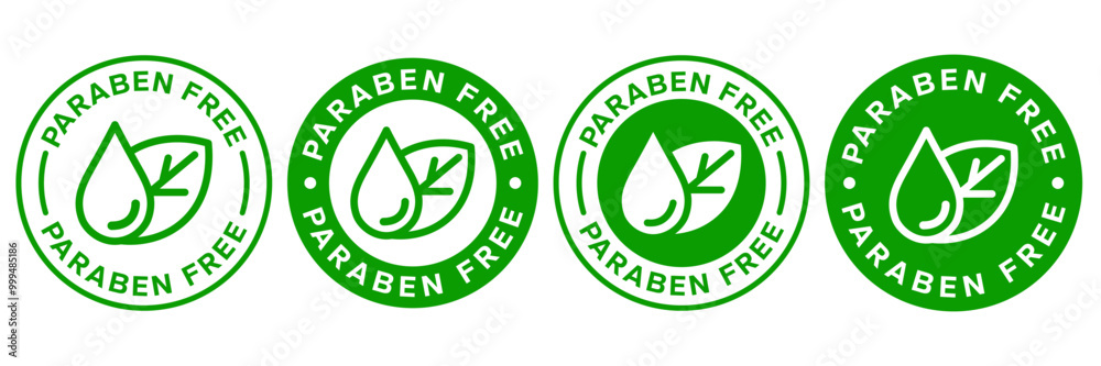 Paraben Free with a leaf drop label, logo, badge, icon, sticker, symbol, emblem, stamp, green, line, flat vector, isolated illustration. Paraben Free label for product packaging design. Paraben Free with a leaf drop label, logo, badge, icon, sticker, symbol, emblem, stamp, green, line, flat vector, isolated illustration. Paraben Free label for product packaging design.