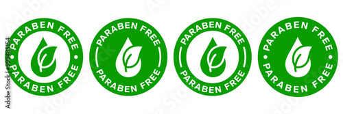 Paraben Free with a leaf drop label, logo, badge, icon, sticker, symbol, emblem, stamp, green, line, flat vector, isolated illustration. Paraben Free label for product packaging design.