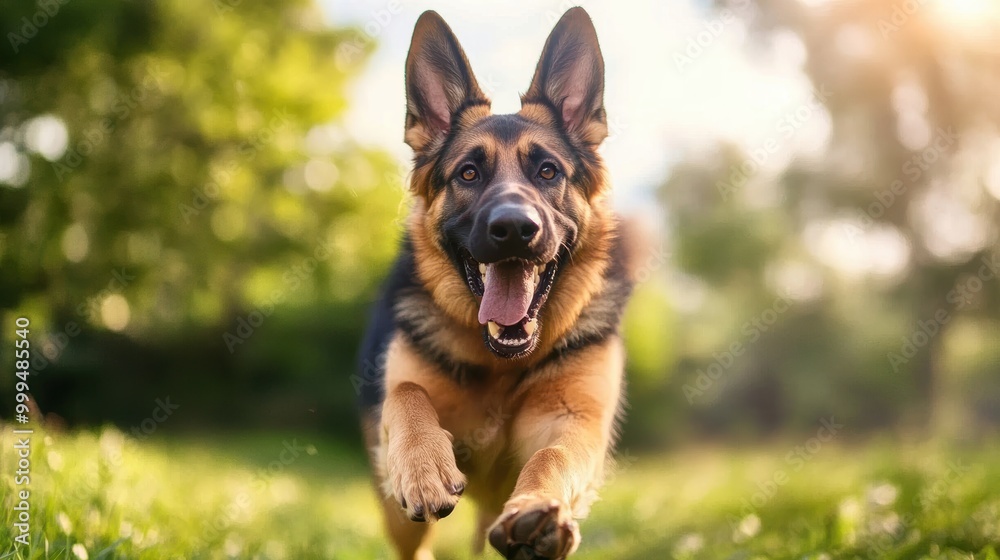 A German Shepherd with a wagging tail, panting happily, enjoying a game of fetch in a park. A German Shepherd with a wagging tail, panting happily, enjoying a game of fetch in a park.