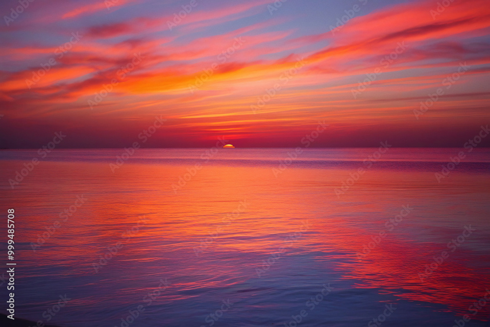 Fototapeta premium A breathtaking image of a vivid sunset casting warm hues of red, orange, and pink over the calm ocean waters. The vibrant colors blend seamlessly with the deep blue and purple of the sky