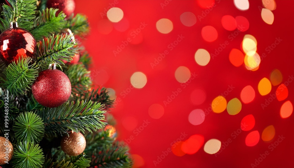 Fototapeta premium geschmückter Weihnachtsbaum auf der rechten seite , roter hintergrund 
