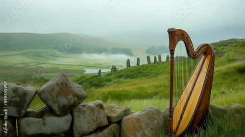 Magical Celtic Harp in Scenic Landscape
