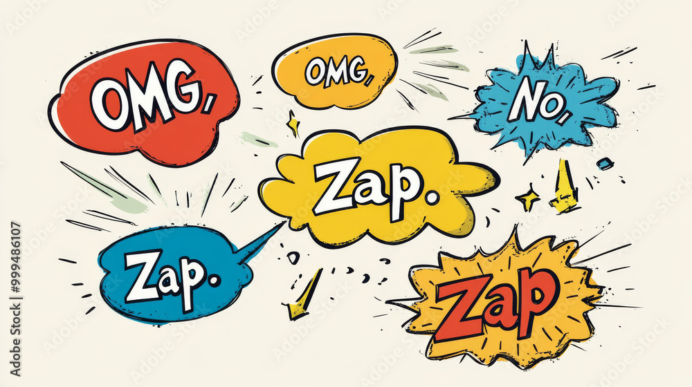 A simple cartoon drawing shows different speech bubbles with words like A simple cartoon drawing shows different speech bubbles with words like
