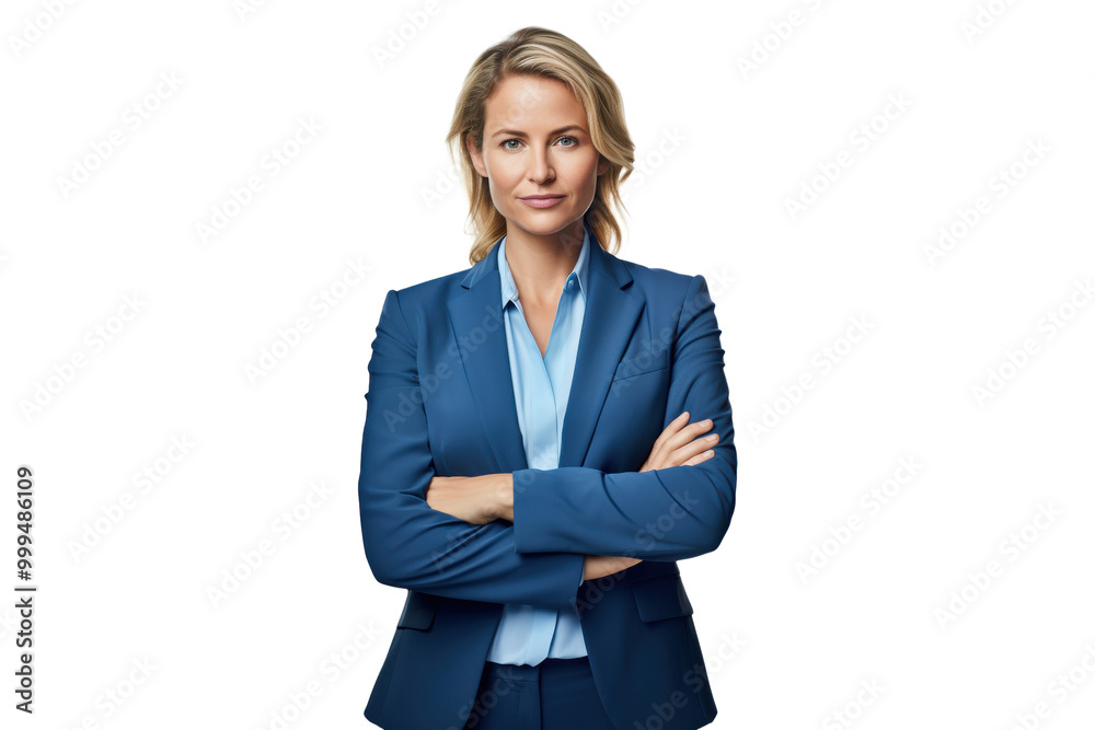 Professional woman in a blue suit with arms crossed, isolated on transparent background Professional woman in a blue suit with arms crossed, isolated on transparent background