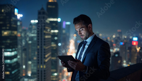 Tablet, night and businessman on building rooftop in city with research on finance stock market for risk report. Technology, email and financial planner with investment for fintech revenue in town