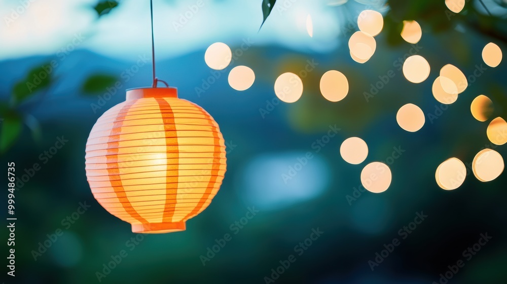 A close up of a delicately crafted paper lantern, lit up from within, casting soft, warm light against the night sky. A close up of a delicately crafted paper lantern, lit up from within, casting soft, warm light against the night sky.