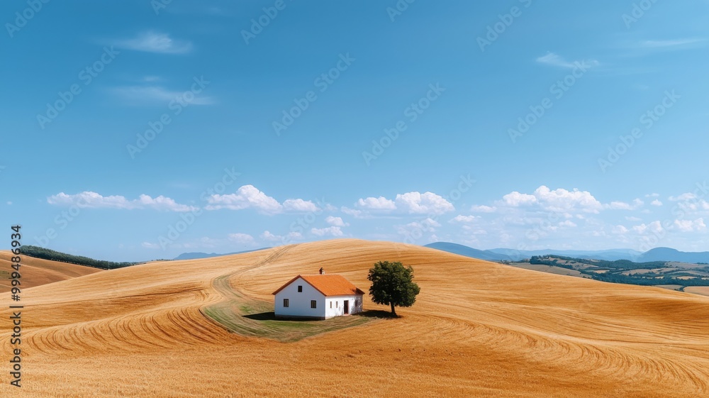 Obraz premium Serene Landscape with House in Golden Wheat Field