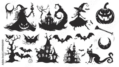 Black and white illustration of a set of cartoon animals, including cats, dogs, bears, and bats, for Halloween design