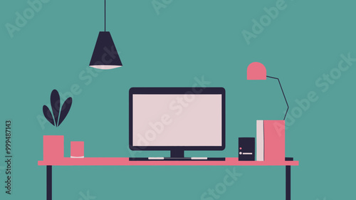 Modern Minimalist Workspace Vector Concept with Desk, Computer, and Accessories for One Click Solutions Websites