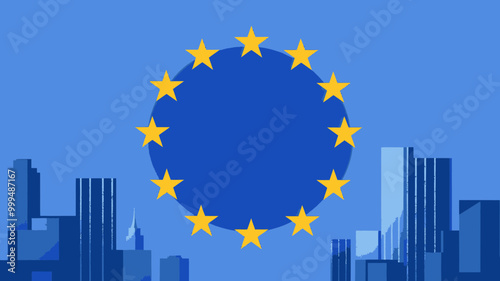 European Union Flag with Stars Over Urban Skyline Representing Unity, Stability, and Urbanization Concept Vector Illustration