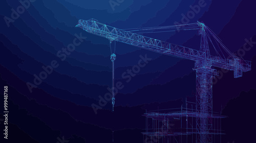Abstract Vector Illustration of Building Construction with High Tower Crane Holding Slab in Low Poly Wireframe Style on Dark Blue Background