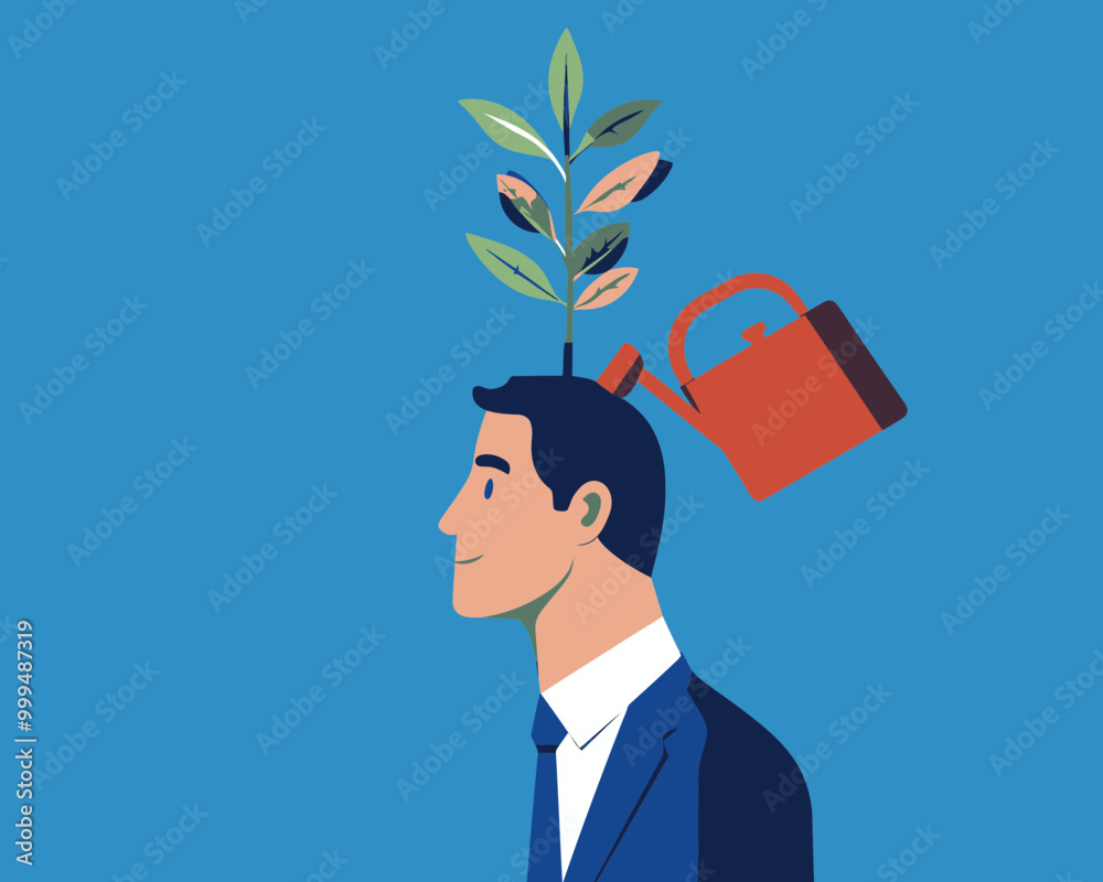 Businessman Self Improvement and Growth Mindset Concept, Creative Business Problem Solving with Growing Seedling on Head, Flat Minimalist SVG Vector Businessman Self Improvement and Growth Mindset Concept, Creative Business Problem Solving with Growing Seedling on Head, Flat Minimalist SVG Vector