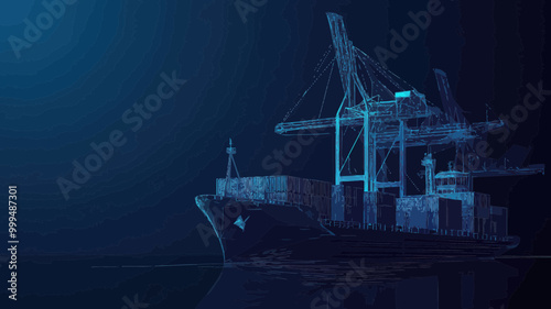 Low Poly Wireframe Trade Port Banner with Cargo Ship, Cranes and Warehouse for Worldwide Shipping Logistics and Transport