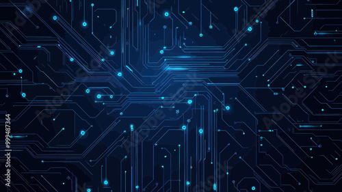 Abstract Digital Technology Background with Thin Blue Circuit Trace Lines on Dark, Minimalist Vector Illustration Showcasing Electronics and Computer Chip Connectors
