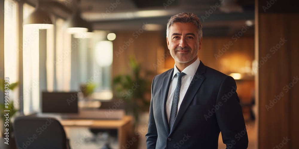 Fototapeta premium Professional corporate portrait with a confident business leader in a modern office setting, with soft lighting and detailed focus.