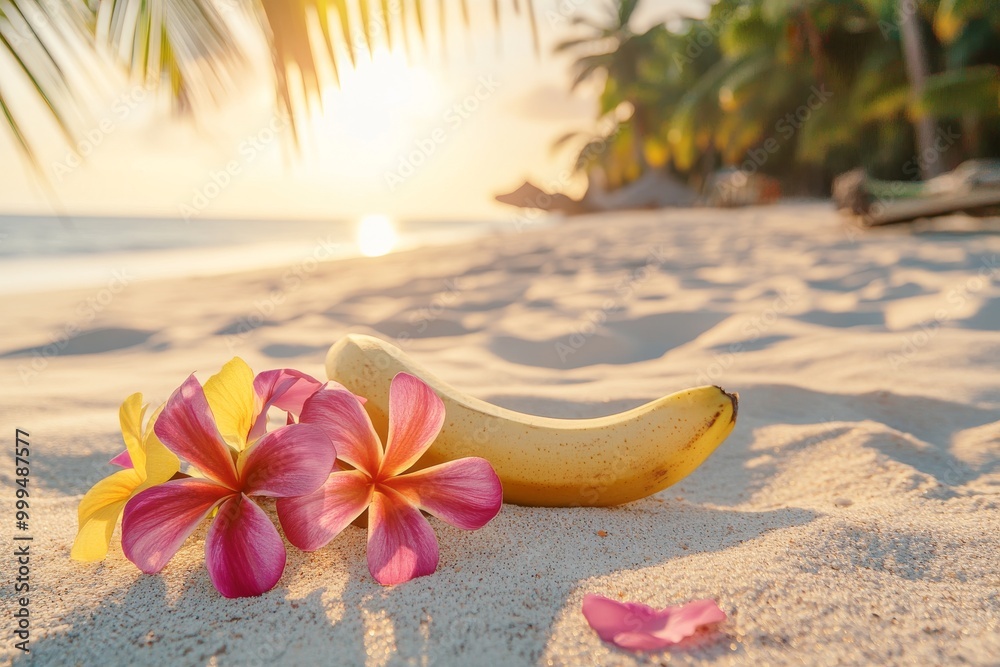 Tropical Sunset with Plumeria Flowers and Banana on Sandy Beach Tropical Sunset with Plumeria Flowers and Banana on Sandy Beach