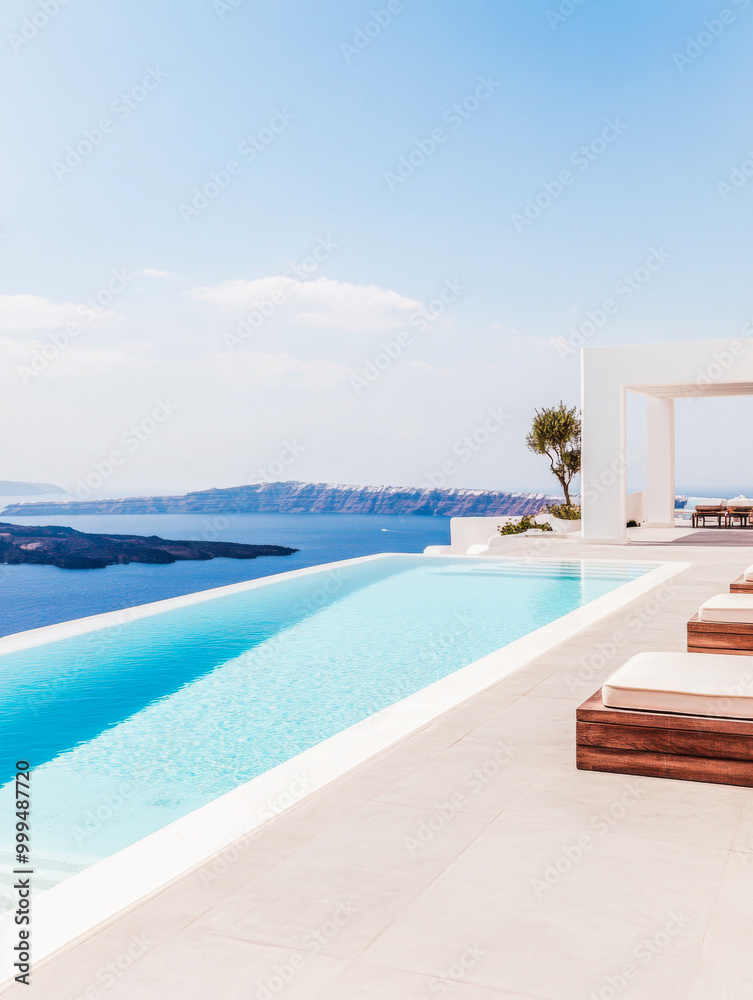 Fototapeta premium Stunning infinity pool at a modern villa overlooking the ocean with serene views in Santorini, Greece during a clear sunny day