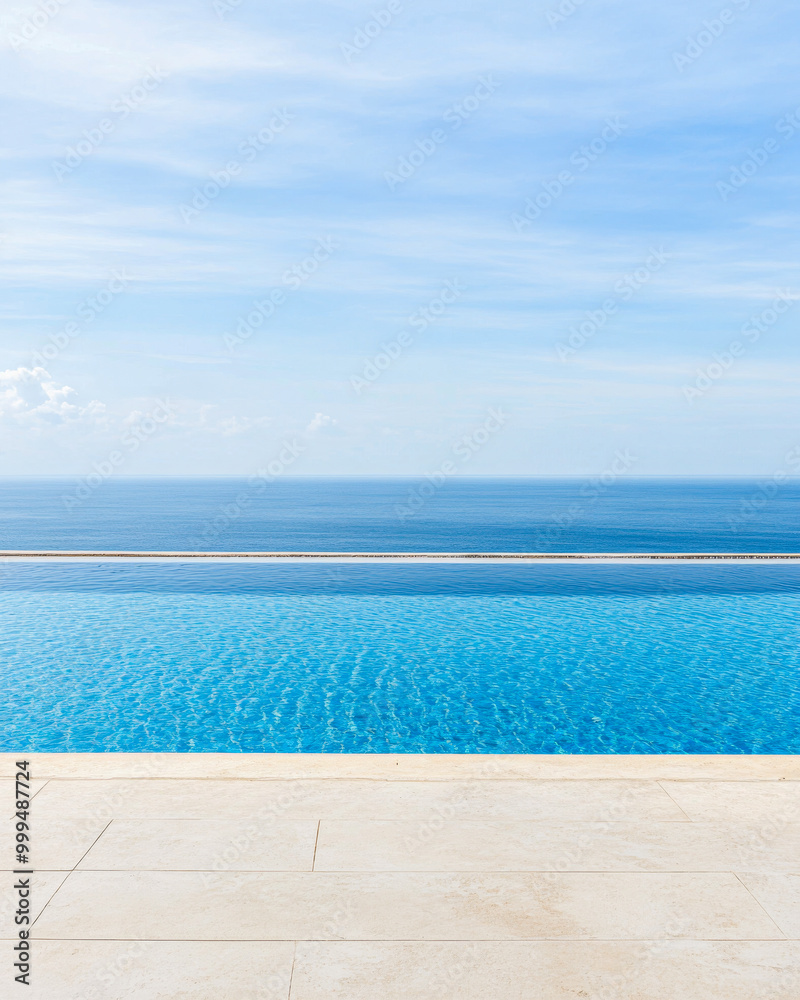 Fototapeta premium Tranquil infinity pool overlooking the vast ocean on a sunny day, with clear blue skies enhancing the serene atmosphere