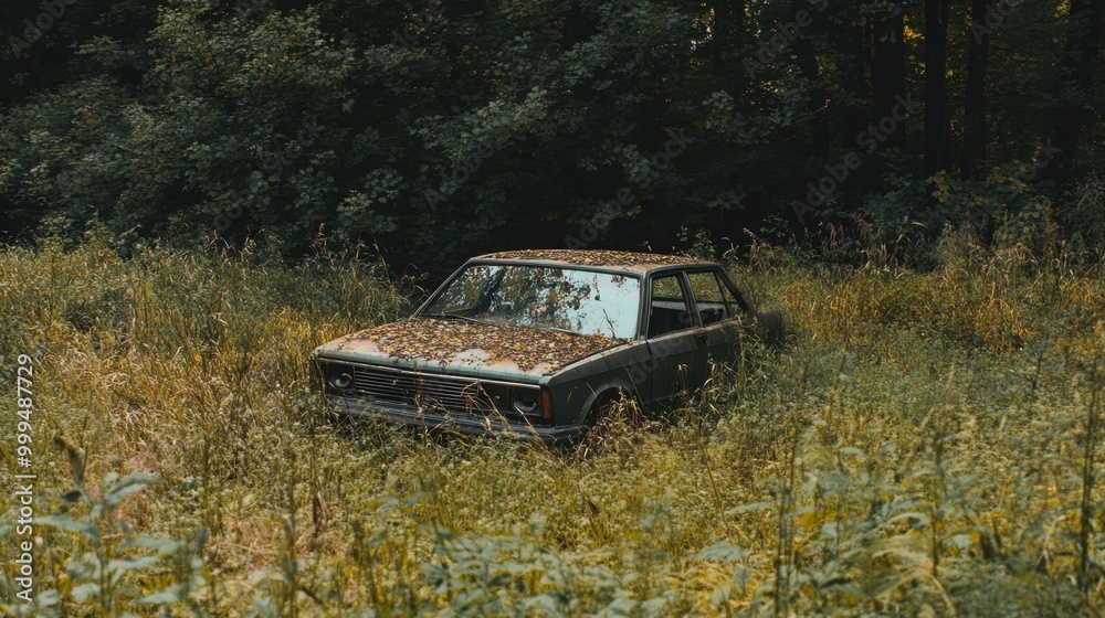 Abandoned car in the middle of an overgrown field with nature slowly reclaiming the scene Abandoned car in the middle of an overgrown field with nature slowly reclaiming the scene
