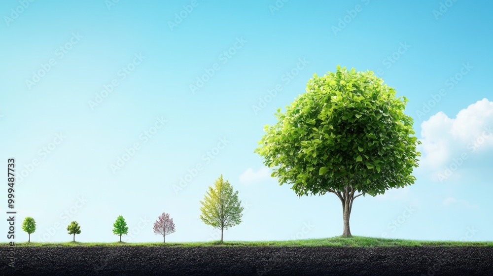 Obraz premium A time lapse illustration of a tree growing from a sapling to a mature tree, capturing the process of development and reaching full potential.
