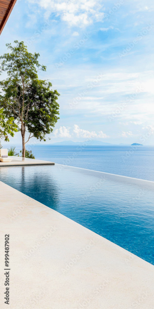 Fototapeta premium Tranquil infinity pool overlooking a serene ocean and distant island under a clear blue sky in a tropical paradise