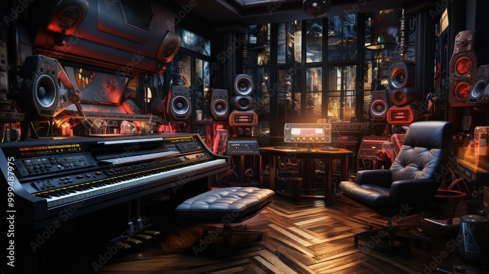 Hyper-Detailed 3D Rendering of a Futuristic Cosmic Recording Studio Hyper-Detailed 3D Rendering of a Futuristic Cosmic Recording Studio